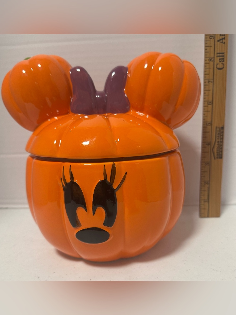 Orange Pumpkin Minnie-Style Ceramic Treat Jar with Purple Bow